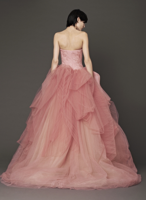 Vera Wang - Fall 2014 Bridal Collection - Wedding Dress Look 5
<br><br>
Rose strapless silk ball gown with hand applique Chantilly lace bodice, grosgrain bows and draped skirt accented by crystal pleated tulle detail.

<br><br>